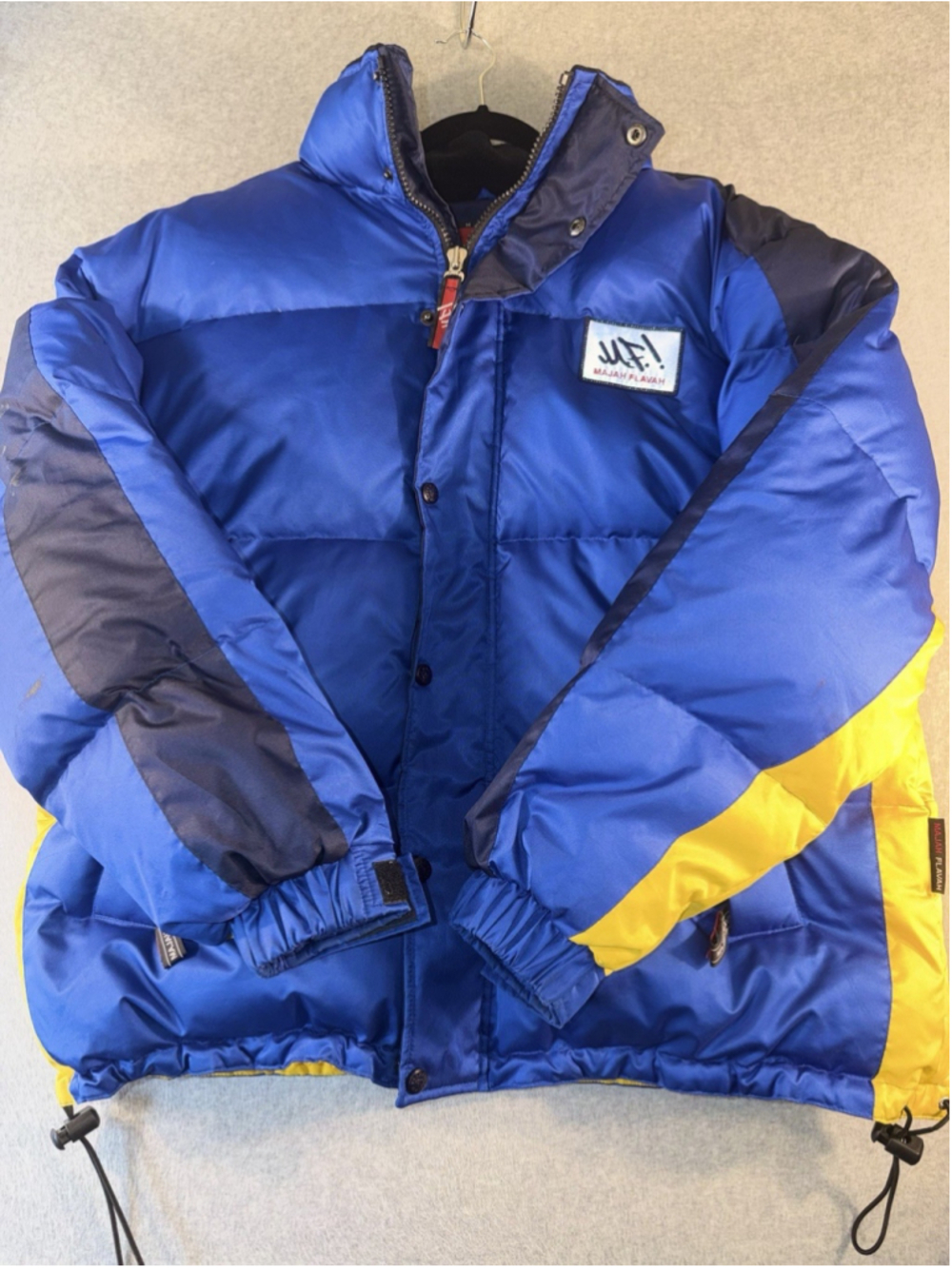 Majah Flavah Blue Yellow Puffer Jacket Men’s Size 105 XL Streetwear Coat